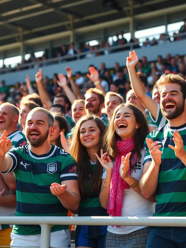 A photo of a diverse group of people cheering during a LES VIOLETS DE CHANZY rugby match, emphasizing the inclusive atmosphere.