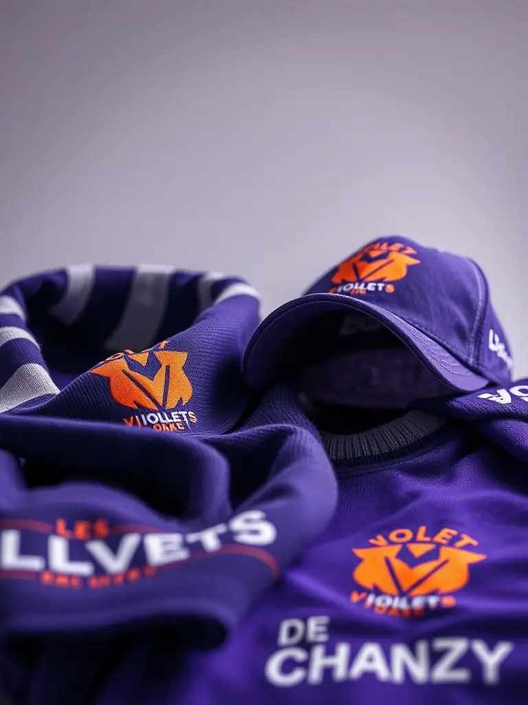 A photo of LES VIOLETS DE CHANZY merchandise being sold, with a focus on the team's logo and colors.